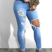 Trendy Mid Waist Broken Holes Blue Denim Pants