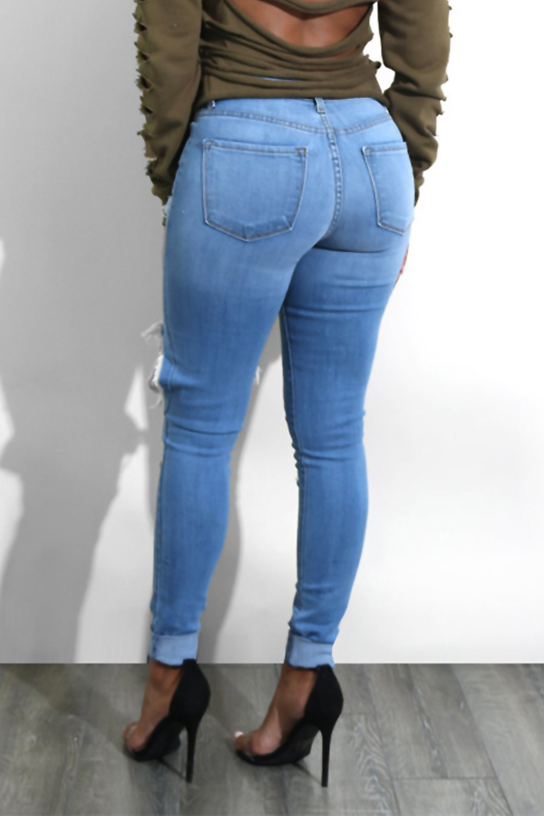 Trendy Mid Waist Broken Holes Blue Denim Pants