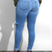 Trendy Mid Waist Broken Holes Blue Denim Pants