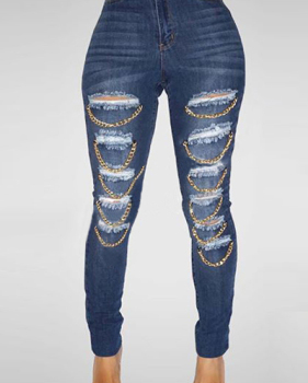 Trendy Mid Waist Broken Holes Metal Decoration Blue Denim Skinny Jeans