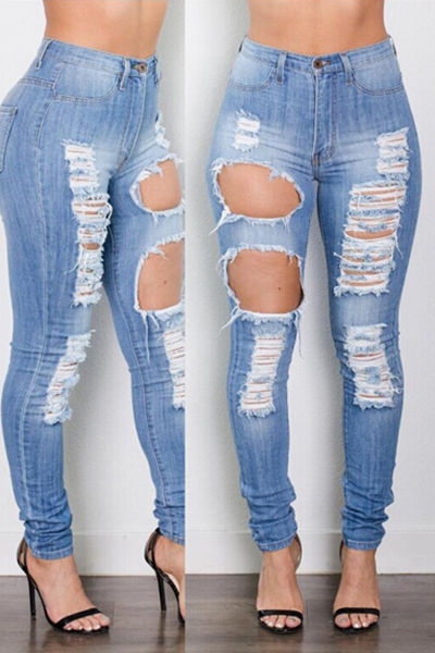 denim Solid Zipper Fly High Regular Pants Jeans