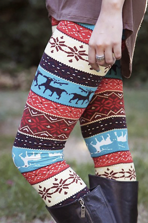  Christmas Elk Print Casual Leggings(Non Positioning Printing)