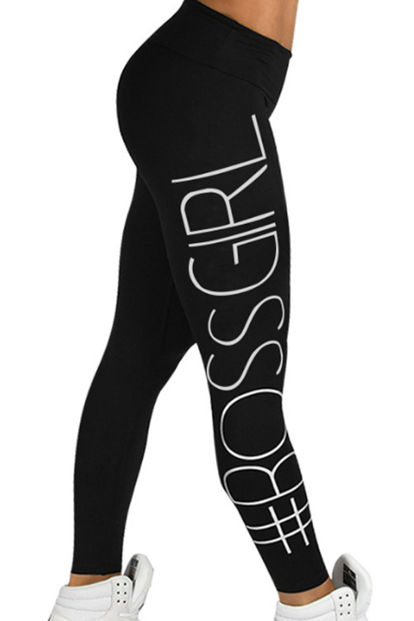  Euramerican High Waist Letters Design Black Cotton Blends Leggings