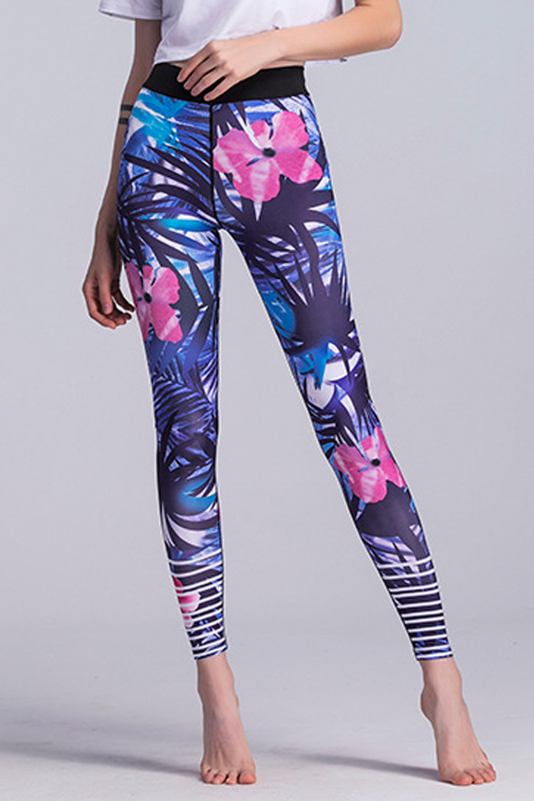  Euramerican High Waist Printed Blue Polyester Leggings