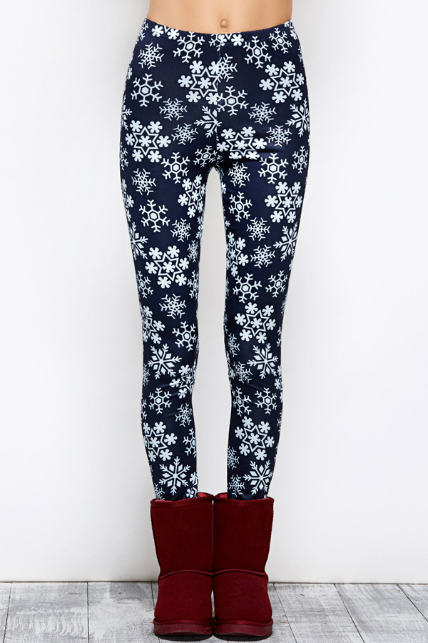  Euramerican High Waist Snowflakes Printing Navy Blue Polyester Leggings