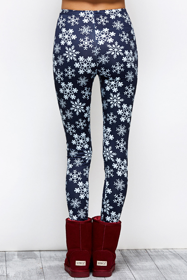  Euramerican High Waist Snowflakes Printing Navy Blue Polyester Leggings