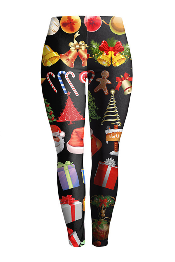  Euramerican Mid Waist Christmas Printed Black Polyester Leggings