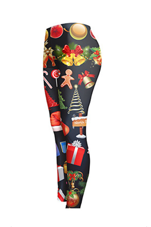  Euramerican Mid Waist Christmas Printed Black Polyester Leggings