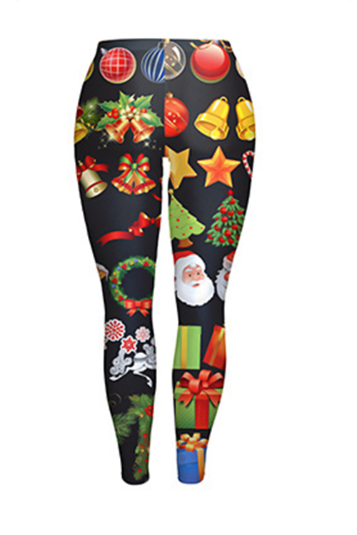  Euramerican Mid Waist Christmas Printed Black Polyester Leggings