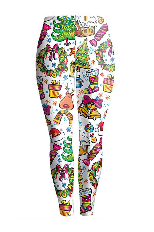  Euramerican Mid Waist Christmas Printed White Polyester Leggings