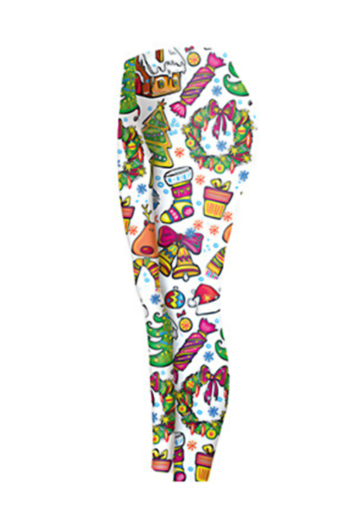  Euramerican Mid Waist Christmas Printed White Polyester Leggings