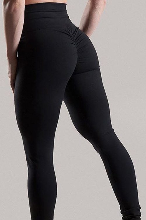  Fashion High Waist Fold Design Black Blending Leggings