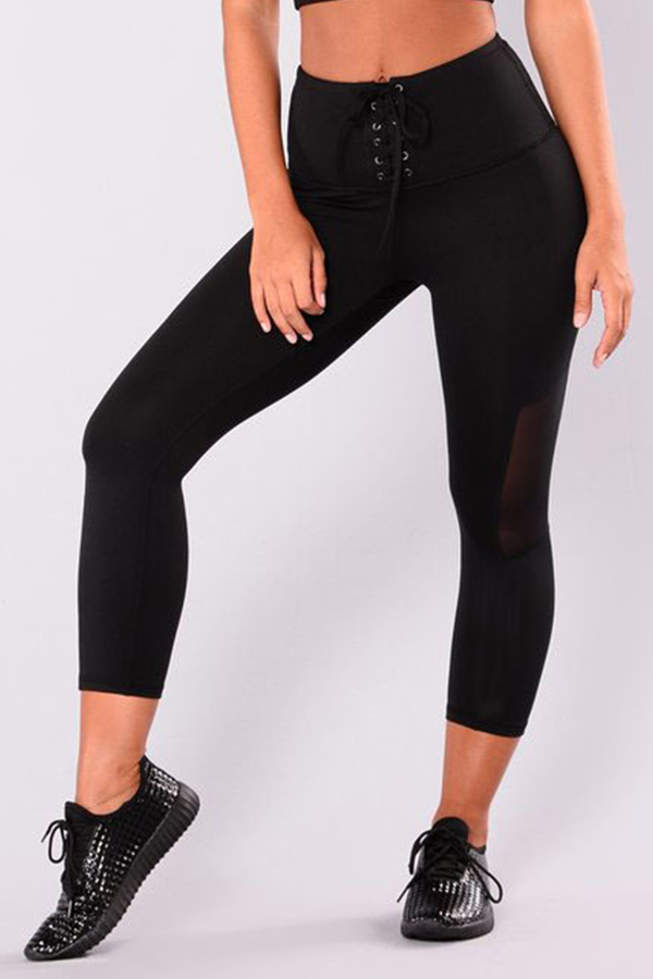  Fashion Mid Waist Lace-up Net Yarn Splicing Black Polyester Leggings