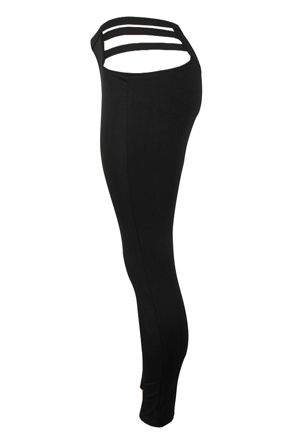  Fashionable High Waist Hollow-out Black Polyester Leggings