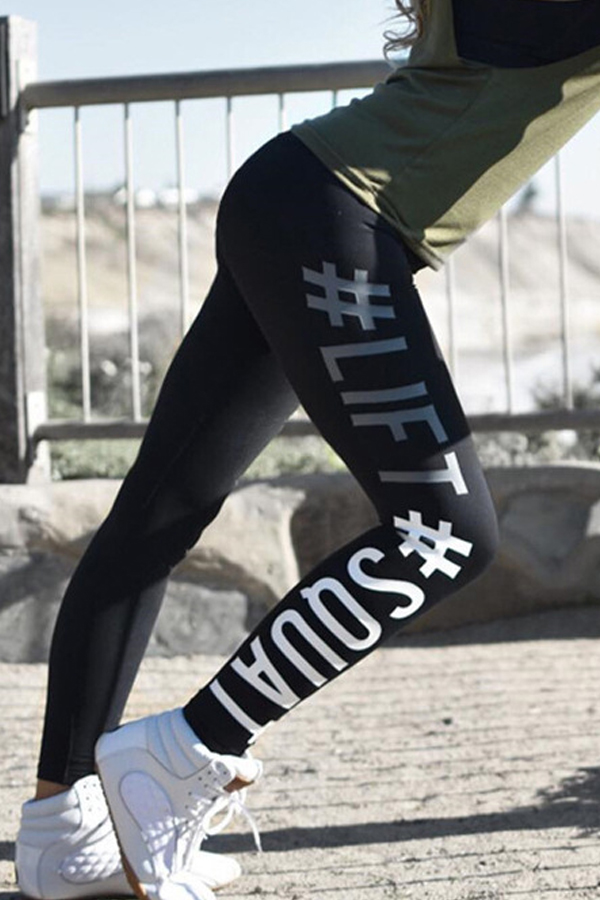  Leisure Elastic Waist Letters Printed Black Polyester Leggings