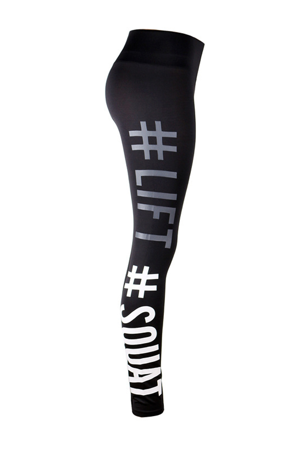  Leisure Elastic Waist Letters Printed Black Polyester Leggings