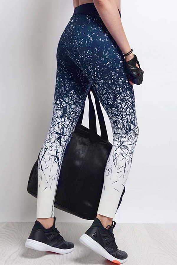  Leisure Elastic Waist Printed Blue Polyester Leggings