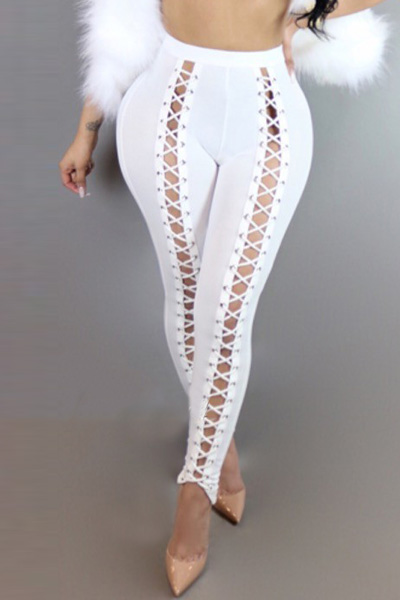 Sexy High Waist Hollow-out White Polyester Leggings