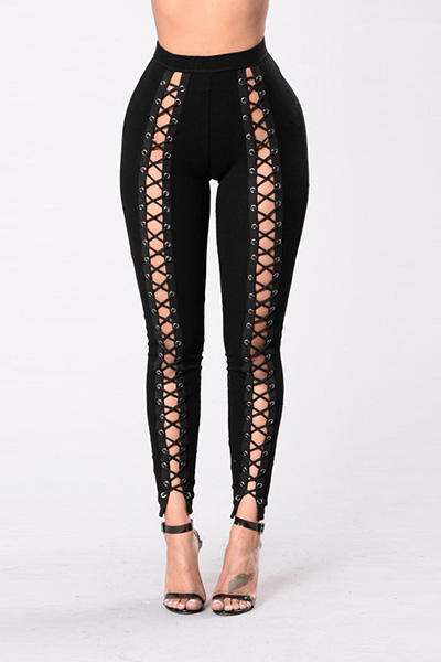 Stylish High Waist Hollow-out Black Polyester Leggings