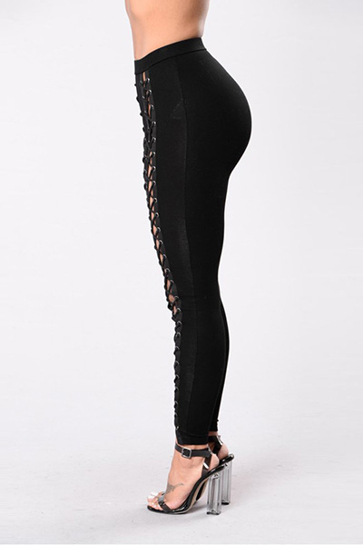 Stylish High Waist Hollow-out Black Polyester Leggings