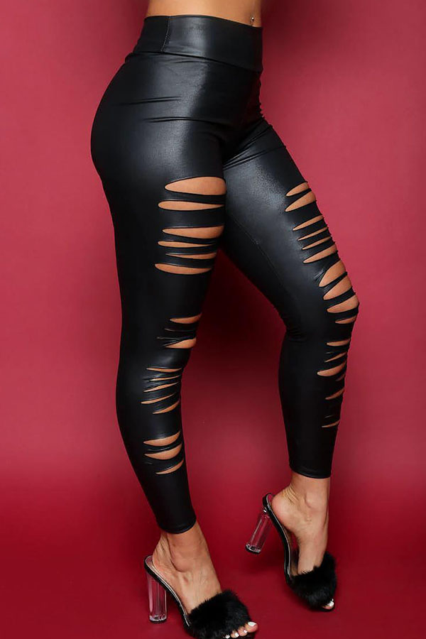  Euramerican High Elastic Waist Burnt-out Design Black Leather Pants