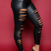  Euramerican High Elastic Waist Burnt-out Design Black Leather Pants