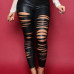  Euramerican High Elastic Waist Burnt-out Design Black Leather Pants