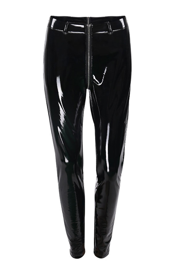  Euramerican High Waist Zipper Design Black Leather Pants(Without Accessories)