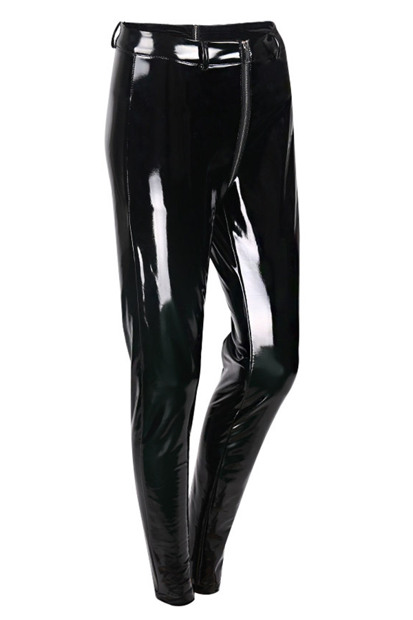  Euramerican High Waist Zipper Design Black Leather Pants(Without Accessories)