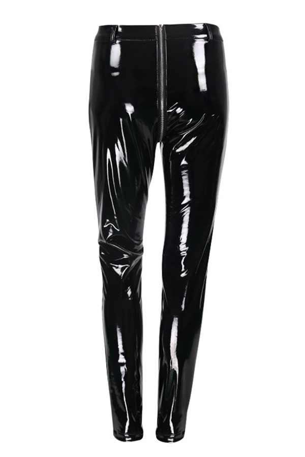  Euramerican High Waist Zipper Design Black Leather Pants(Without Accessories)