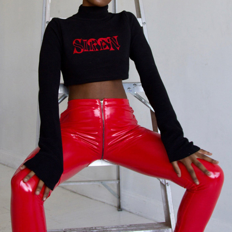  Euramerican High Waist Zipper Design Red Leather Pants