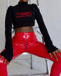  Euramerican High Waist Zipper Design Red Leather Pants