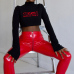  Euramerican High Waist Zipper Design Red Leather Pants