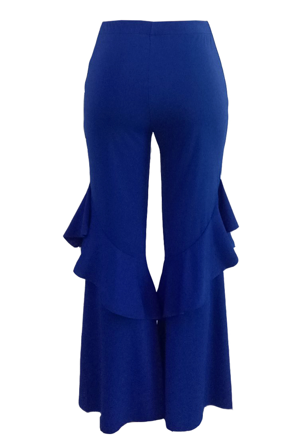  Euramerican Mid Waist Falbala Design Blue Polyester Wide Leg Pants