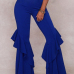  Euramerican Mid Waist Falbala Design Blue Polyester Wide Leg Pants