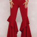  Euramerican Mid Waist Falbala Design Red Polyester Wide Leg Pants