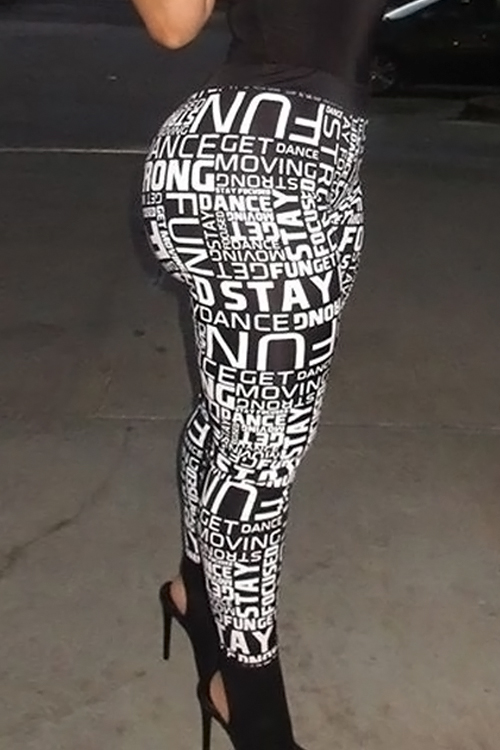  Fashion High Elastic Waist Letters Printed Black Polyester Leggings