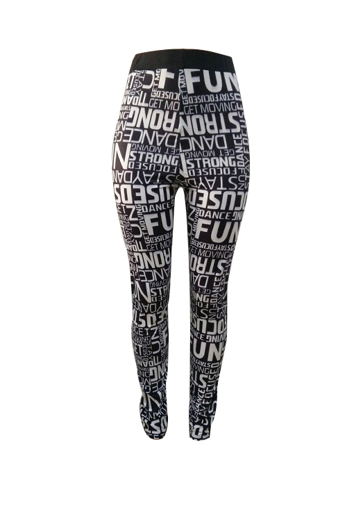  Fashion High Elastic Waist Letters Printed Black Polyester Leggings