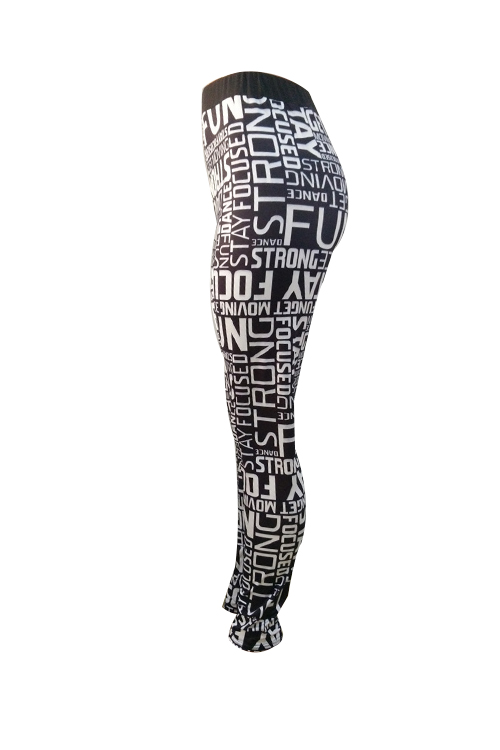  Fashion High Elastic Waist Letters Printed Black Polyester Leggings