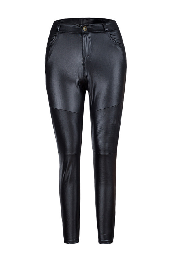  Fashion High Waist Black Leather Zipped Pants