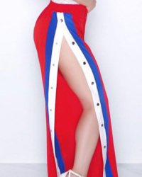  Fashion High Waist Buttons Design Red+Blue Polyester Pants