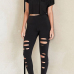  Leisure Elastic Waist Broken Holes Black Polyester Pants