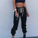  Leisure Elastic Waist Lace-up Black Cotton Blends Pants