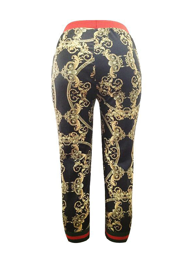  Leisure Elastic Waist Printed Black Polyester Capris Pants