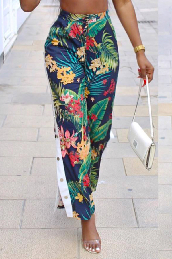  Polyester Print Elastic Waist Mid Straight Pants Pants