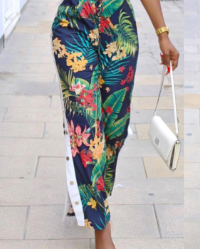  Polyester Print Elastic Waist Mid Straight Pants Pants