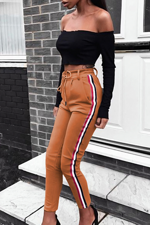  Polyester Solid Elastic Waist High Straight Pants Pants