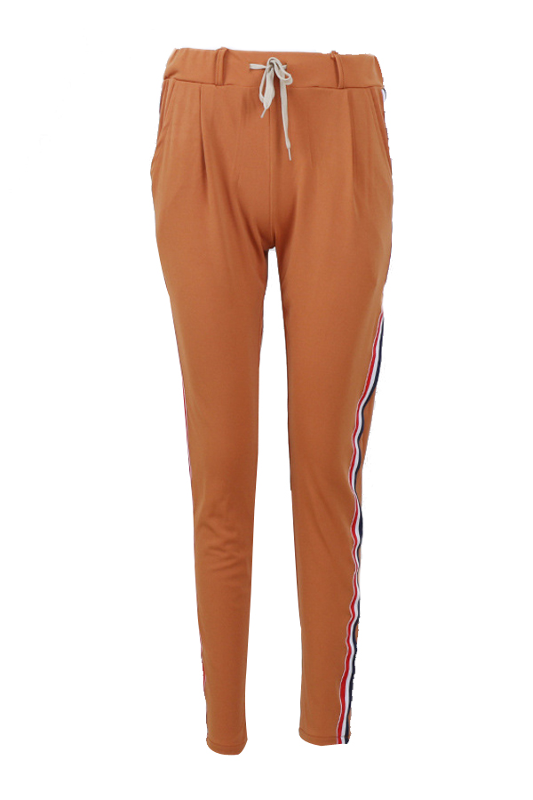  Polyester Solid Elastic Waist High Straight Pants Pants