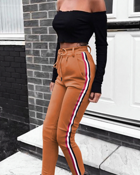  Polyester Solid Elastic Waist High Straight Pants Pants