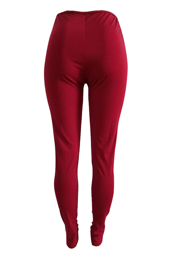  Sexy High Waist Hollow-out Wine Red Polyester Pants